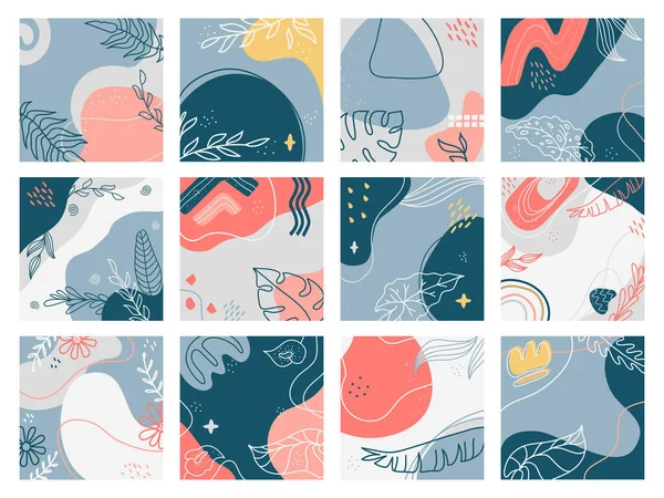 Fondos dibujados a mano. Doodle carteles florales abstractos de moda, banderas de redes sociales, creativo conjunto de ilustración de vectores estéticos contemporáneos — Archivo Imágenes Vectoriales