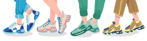 Piernas en zapatillas. Piernas femeninas o masculinas que usan zapatillas modernas, piernas de la gente en entrenadores de moda, ilustración de vectores de calzado deportivo con estilo — Vector de stock