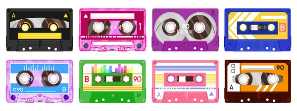 Аудиозаписи. Музыкальная кассета Ретро 90-х, винтажная музыкальная смесь аудиокассеты, аудио лента 80-х изолированный набор векторных иллюстраций — стоковый вектор