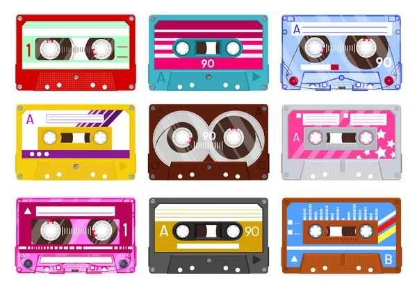 Retro audio cassette. Vintage audio tape, 90s music cassette, analogue 80s stereo audiocassette isolated vector illustration icon set — Stock Vector