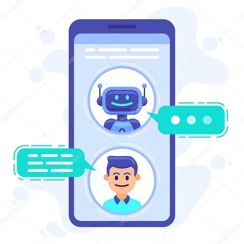 Chat bot communication. Smartphone chatting with conversation bot, chat assistant bot at cellphone screen, robots sms dialog vector illustration