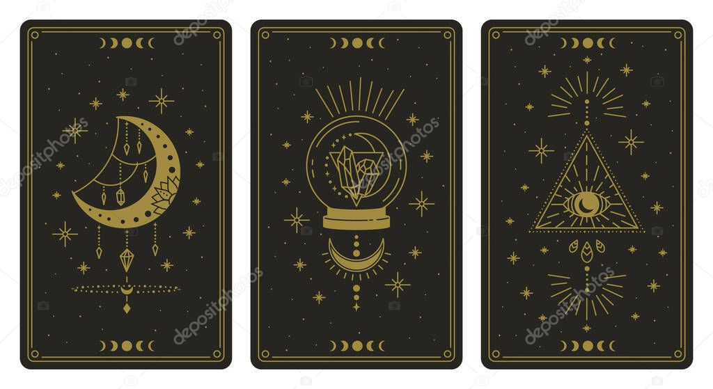 Magical tarot cards. Magic occult tarot cards, esoteric boho spiritual tarot reader moon, crystal and magic eye symbols vector illustration set