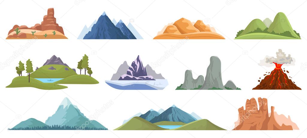 Mountain peaks. Snow ice tops, green hills and volcano outdoor landscape, hiking, climbing mountain valley view vector illustration set