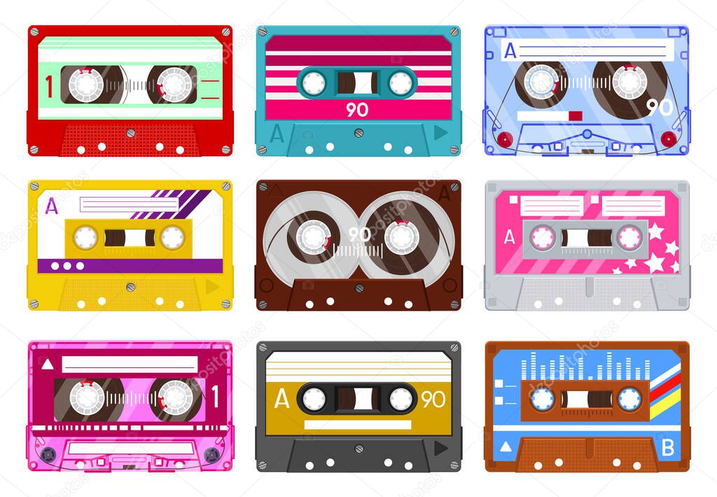 Retro audio cassette. Vintage audio tape, 90s music cassette, analogue 80s stereo audiocassette isolated vector illustration icon set