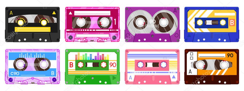 Audio record tapes. Retro 90s music cassette, vintage music mix audio cassette, 80s audio tape isolated vector illustration icon set