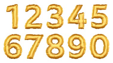 Gerçekçi balon numaraları. Helyum hava balonu figürleri, doğum günü partisi, düğün, 3 boyutlu folyo balonları numara illüstrasyon simgeleri ayarlandı