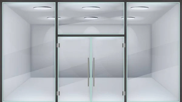 ประตูร้านที่สมจริง ทางเข้าออฟฟิศกระจกสองชั้น, ประตูห้างสรรพสินค้าด้านหน้า, กรอบโลหะสมัยใหม่ ประตูเหล็กที่สมจริง ภาพเวกเตอร์ 3 มิติ — ภาพเวกเตอร์สต็อก