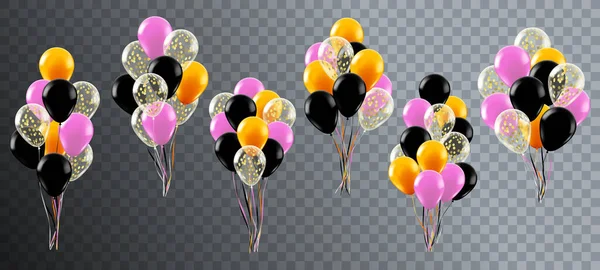 Gerçekçi kutlama balonları. Helyum doğum günü partisi ya da düğün dekorasyonu, renkli balon demeti, 3D parlak balon vektör illüstrasyon seti — Stok Vektör