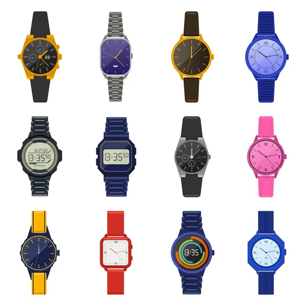 Armbanduhren. Klassische weibliche männliche Uhren, digitale Smartwatch, Mode Unisex Chronograph, moderne Männer Armbanduhren Vektor Illustration Symbole gesetzt — Stockvektor