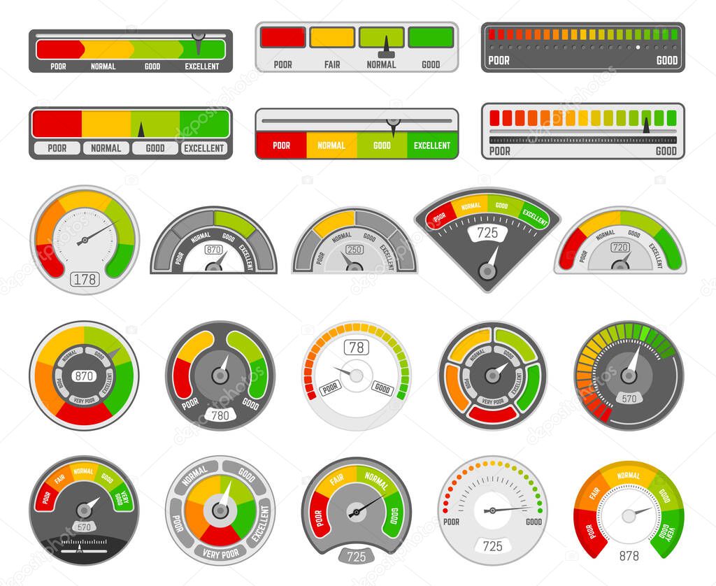 Speedometer indicator level. Quality rating indication, goods grade tachometer indicators, satisfaction score indicators vector icons set