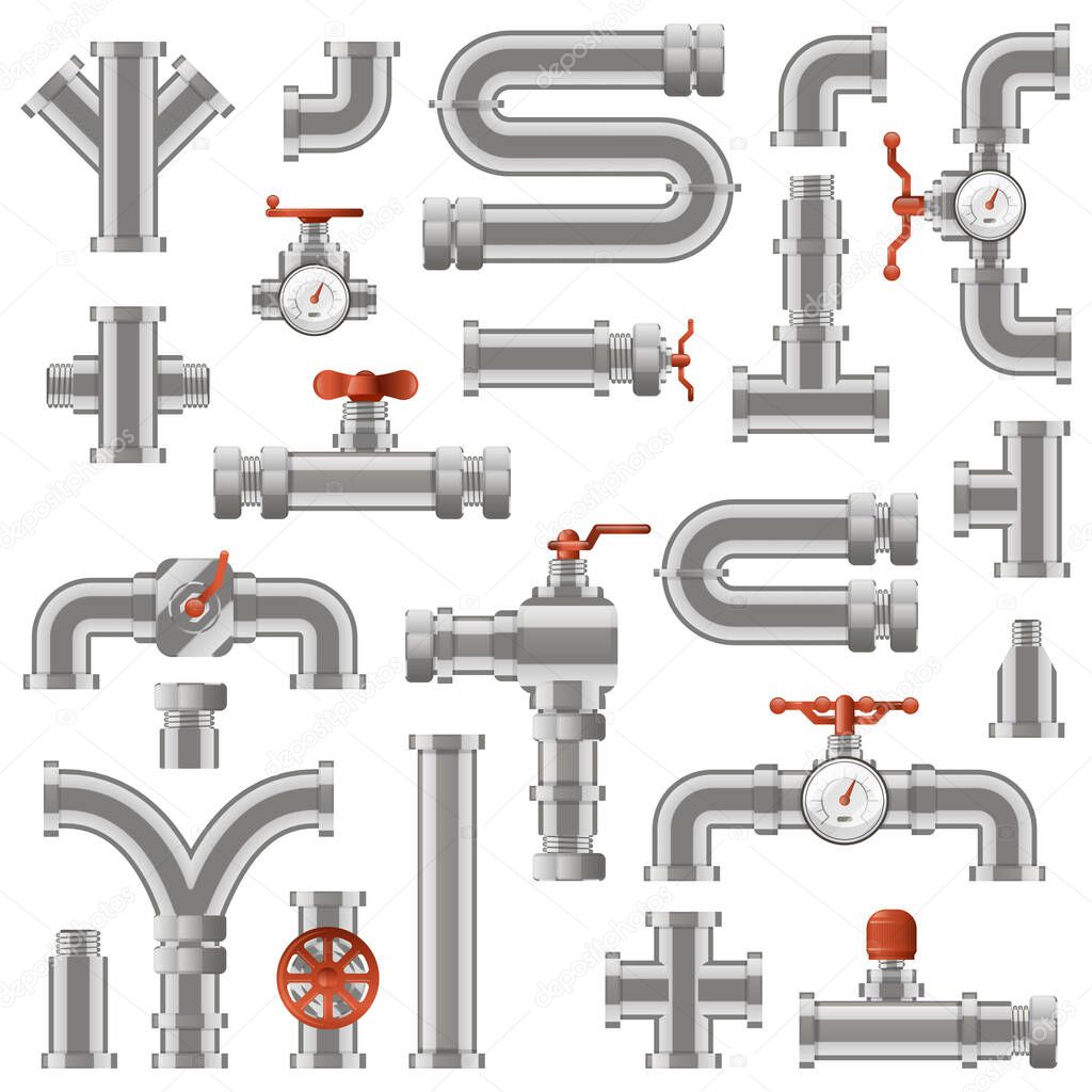 Pipeline construction. Water pipe sections, industrial tube pipes engineering, pipe construction with rotary knobs and counters vector icons set