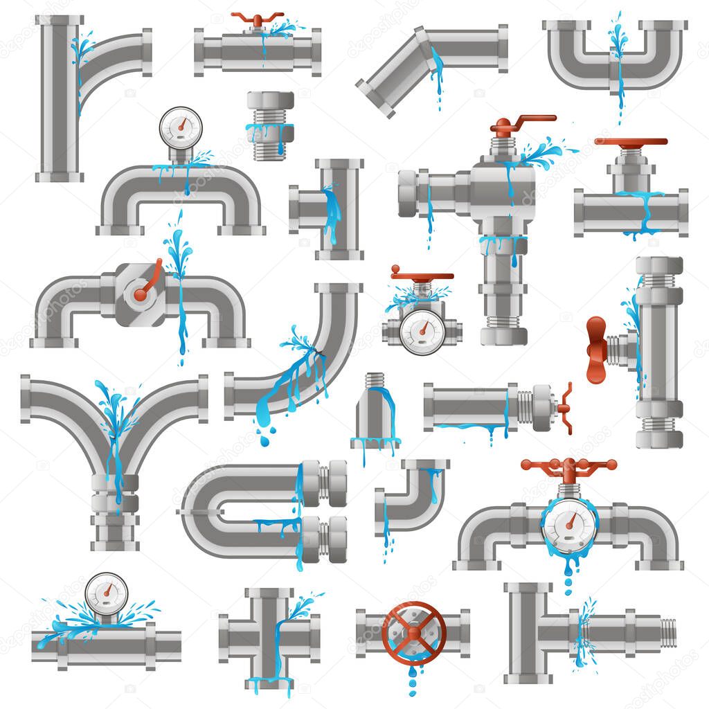 Water pipe leak. Broken damaged metal pipes, pipe leaky crack, industry metal tube pipes damage vector illustration icons set