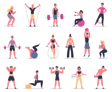 Spor insanları. Spor salonundaki genç sporcular, erkek fitness antrenmanı karakterleri antrenman ve egzersiz vektör illüstrasyon ikonları