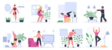 Evde fitness var. Egzersiz yapan, yoga yapan, halterli erkek antrenmanı yapan, atletik kadın spor yapan ev aktiviteleri çizen vektör çizimi yapan insanlar.