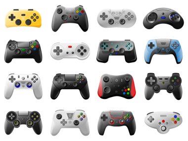 Oyun kontrolörü. Video oyun konsolu, kablosuz joystick ve modern oyun alanı konsolu, oyun araçları vektör illüstrasyon simgeleri ayarlandı