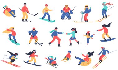 Kış kar aktiviteleri. Kayak, snowboard, hokey ve buz pateni, aile tatili kış aktiviteleri izole edilmiş vektör illüstrasyon simgeleri