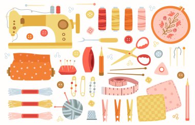 Dikiş elementleri. Örgü işi el yapımı hobi araçları, dikiş, dikiş, örgü aksesuarları, makine, iğne ve makas vektör çizimi
