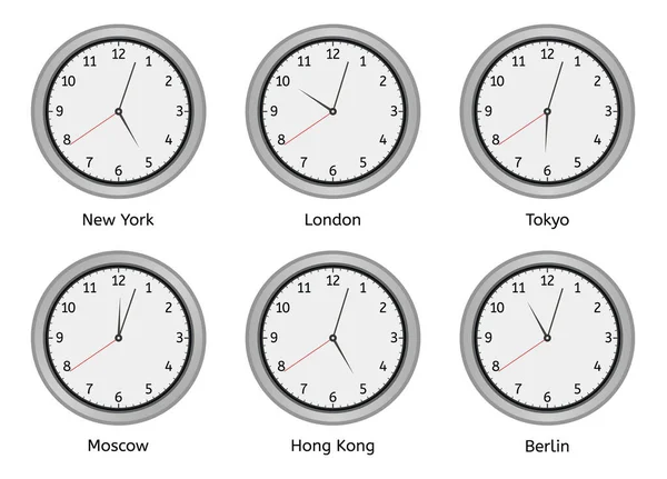 Časové pásmo. Moderní zeď kolo hodiny tvář, časová pásma denní a noční hodiny, svět velká města časový rozdíl vektorové ilustrace set — Stockový vektor