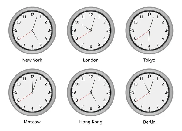 Relógios de fuso horário. Parede moderna cara relógio redondo, fusos horários dia e noite relógio, mundo grandes cidades diferença horária vetor ilustração conjunto —  Vetores de Stock