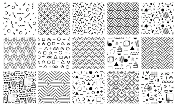 Patrones geométricos de Memphis. Inconsútil 80 patrones de laberinto abstracto, 90s estilo memphis patrón, geométrico doodle vector fondo ilustración conjunto — Archivo Imágenes Vectoriales
