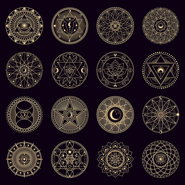 Rejtélyes varázskör. Arany misztikus alkímia boszorkányság körkörös emblémák, okkult geometria jelek, kör mágikus vektor illusztráció ikonok készlet — Stock Vector