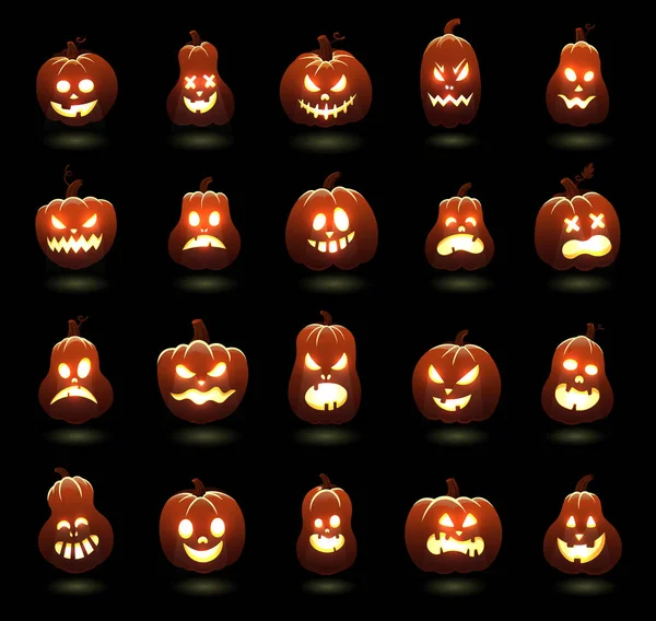 Halloweenpumpor. Tecknad skrämmande carving pumpa tecken, arg glödande pumpor ansikten, semester skrämmande dekoration vektor illustration set — Stock vektor