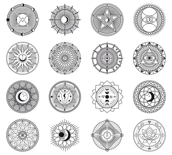Witchcraft circular symbols. Magical spell circle, esoteric witchcraft mystery signs, occult magic spell circle vector illustration icons set — Stock Vector