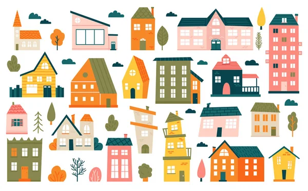 Cute tiny houses. Cartoon small town houses, minimalism city buildings, minimal suburban residential house vector illustration icons set — Stock Vector