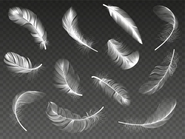 White realistic feather. Fluffy angel twirled feathers, 3d bird feather, swan or dove wings plumage isolated vector illustration icons set