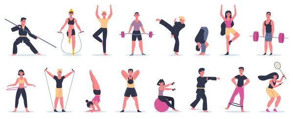 Atividades desportivas de fitness. Treinamento de atividade de pessoas, personagens femininas masculinas realizando esportes, artes marciais e ícones de ilustrações vetoriais de ioga conjunto —  Vetores de Stock