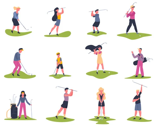 Игроки в гольф. Люди, играющие в гольф, гольфисты, играющие в мяч, вне летних мероприятий, персонажи гольфа набор векторных иллюстраций — стоковый вектор