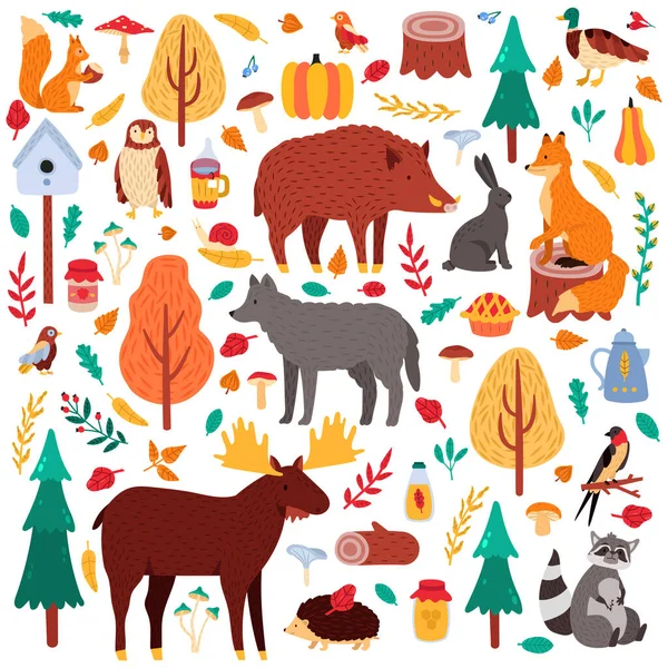 Dibujos animados animales de otoño. Lindos pájaros y animales del bosque, lobo alce pato y ardilla, fauna silvestre aislado vector iconos de ilustración conjunto — Vector de stock