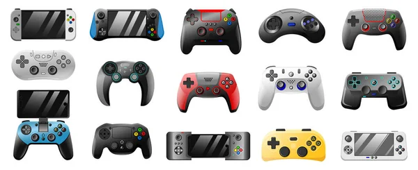 Consola gamepad. Juego de joystick, controladores de juegos para PC, consola inalámbrica de videojuegos, dispositivos de videojuegos 3D conjunto de iconos de ilustración vectorial — Vector de stock