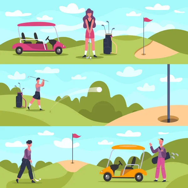 Golf banners. Male and female golf characters playing outdoor sports, golf people chase and hit ball vector background illustration