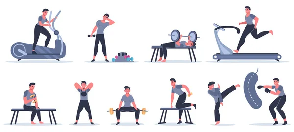 Men at sport gym. Male fitness character run, pull up, work with punching bag, sport character exercise at sport gym vector illustration set
