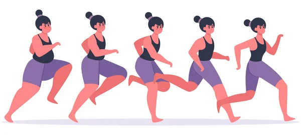 Gadis menurunkan berat badan. Wanita berlari dalam proses penurunan berat badan, perempuan karakter jogging dan mendapatkan dalam bentuk, kehilangan berat badan tahap vektor ilustrasi - Stok Vektor