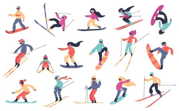 Skiing snowboarding people. Winter sport activities, young people on snowboard or ski, extreme mountain sports isolated vector illustration set