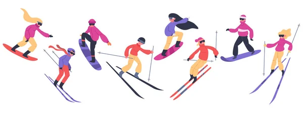 Esquiadores y snowboarders. Actividades deportivas de invierno, personas en snowboard, jóvenes esquiadores y snowboarders saltar en el conjunto de ilustración vector de montaña — Vector de stock