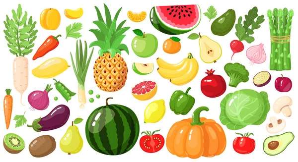 Kartun buah dan sayuran. Makanan gaya hidup vegan, nutrisi organik Sayur dan buah, alpukat, asparagus dan mangga vektor set ilustrasi - Stok Vektor