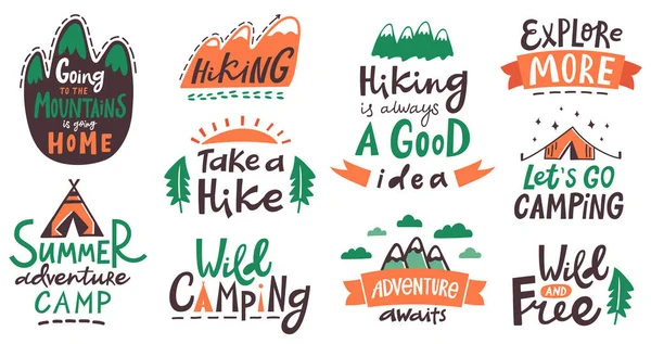 Frases de letras do acampamento de caminhada. Acampamento tipografia citações, montanhas escalada, turismo e caminhadas viagem lettering rótulos vetor ilustração conjunto — Vetor de Stock