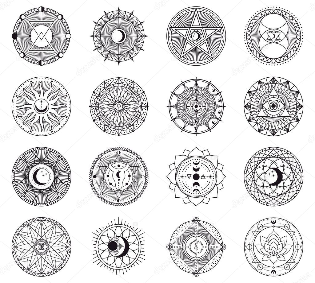 Witchcraft circular symbols. Magical spell circle, esoteric witchcraft mystery signs, occult magic spell circle vector illustration icons set