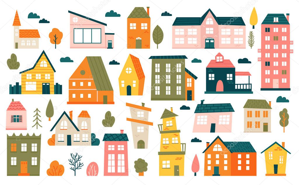 Cute tiny houses. Cartoon small town houses, minimalism city buildings, minimal suburban residential house vector illustration icons set