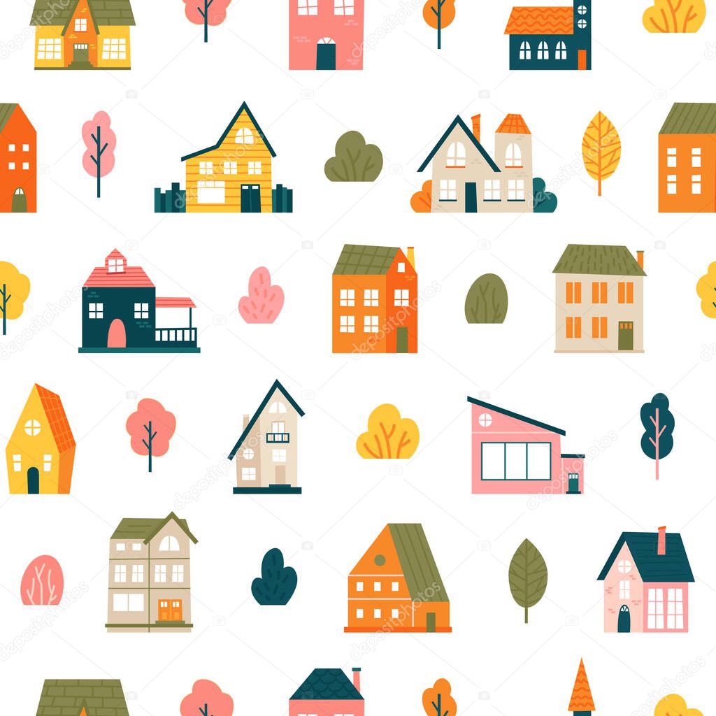 House pattern. Cute tiny town houses seamless backdrop, minimalist village, residential city houses landscape vector background illustration