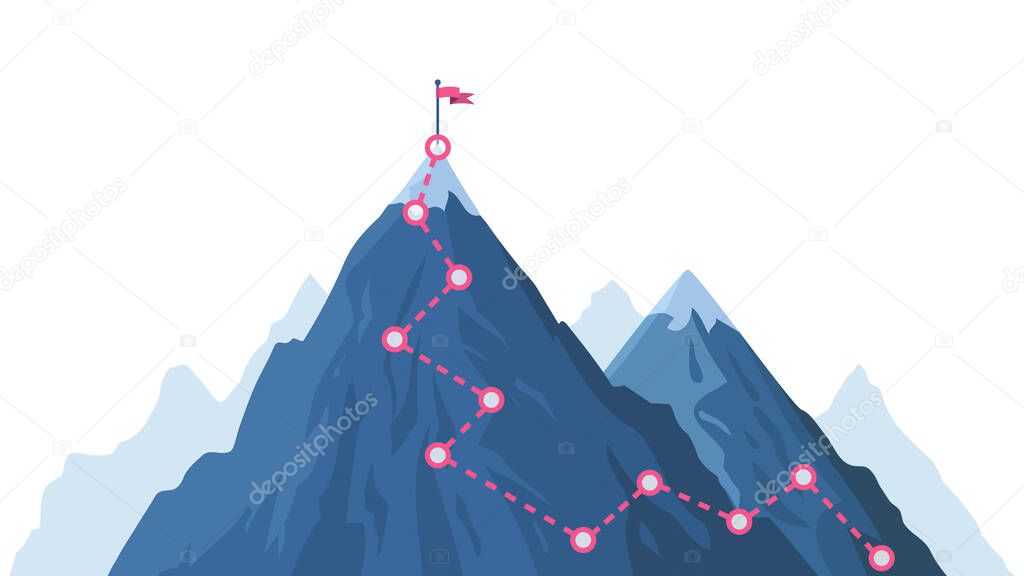Mountain progression path. Climbing progress route, mountain peak overcoming, mountain climbing path with red flag on top vector illustration