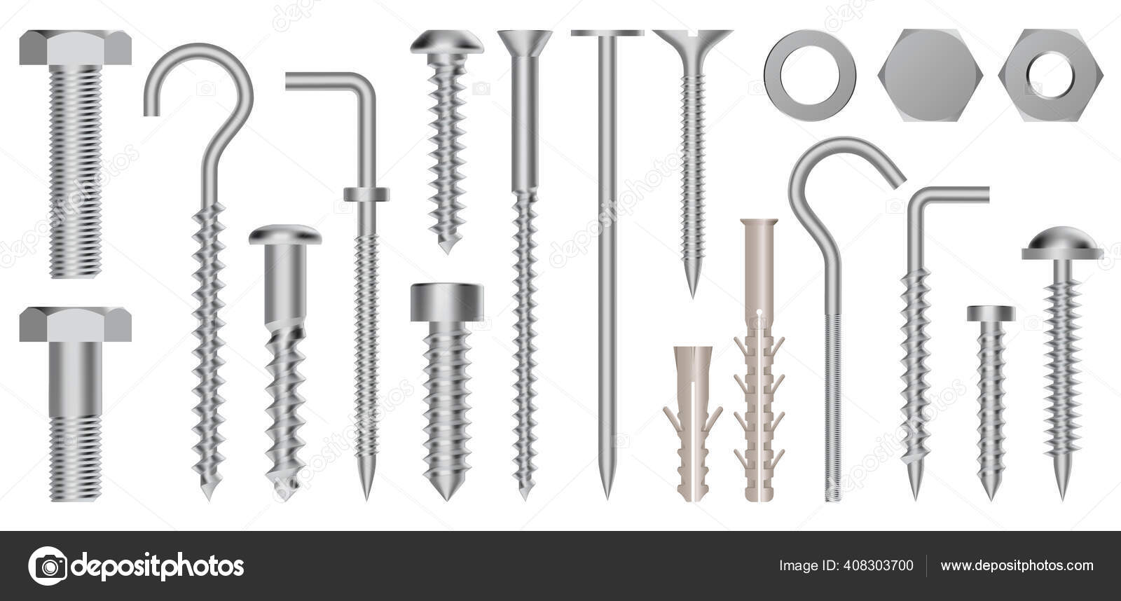 Realistic 3d screws and bolts. Hardware stainless screws, bolts