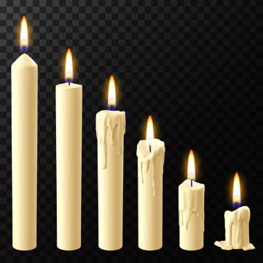 Gerçekçi yanan mum. Mum ışığı aşamaları, tatil xmaları ya da kilise yanan fitil mumları izole edilmiş gerçekçi ikonlar.