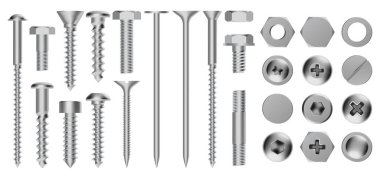 Gerçekçi metal vidalar. İnşaat çelik vida, uğursuz fındık, perçin ve cıvatalar, alçıpan metal bağlanma vektör resimleme simgeleri ayarlandı