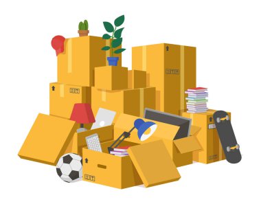 Kutuları taşıyorum. Teslimat karton kutular yığını, istiflenmiş karton paketleme kutusu yeni ev taşınan mallar, dağıtım kutuları vektör ilüstrasyonları
