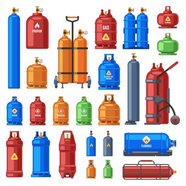 Gaz tüpleri. Propan, oksijen ve bütan metal kaplar, silindirik helyum tankı, yakıt depolama gazı vektör çizim simgeleri ayarlandı