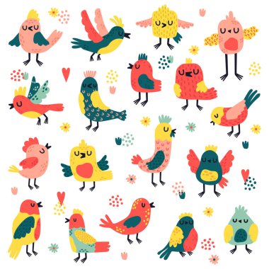 Doodle birds. Cute hand drawn birds, doodle colorful avifauna, lovely doves and sparrows, simple freehand birds vector illustration set clipart